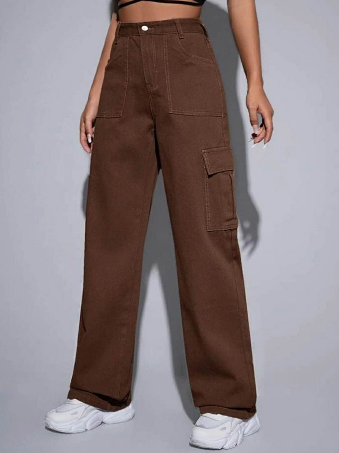 

BROADSTAR Women Smart Wide Leg High-Rise Clean Look Stretchable Jeans, Brown