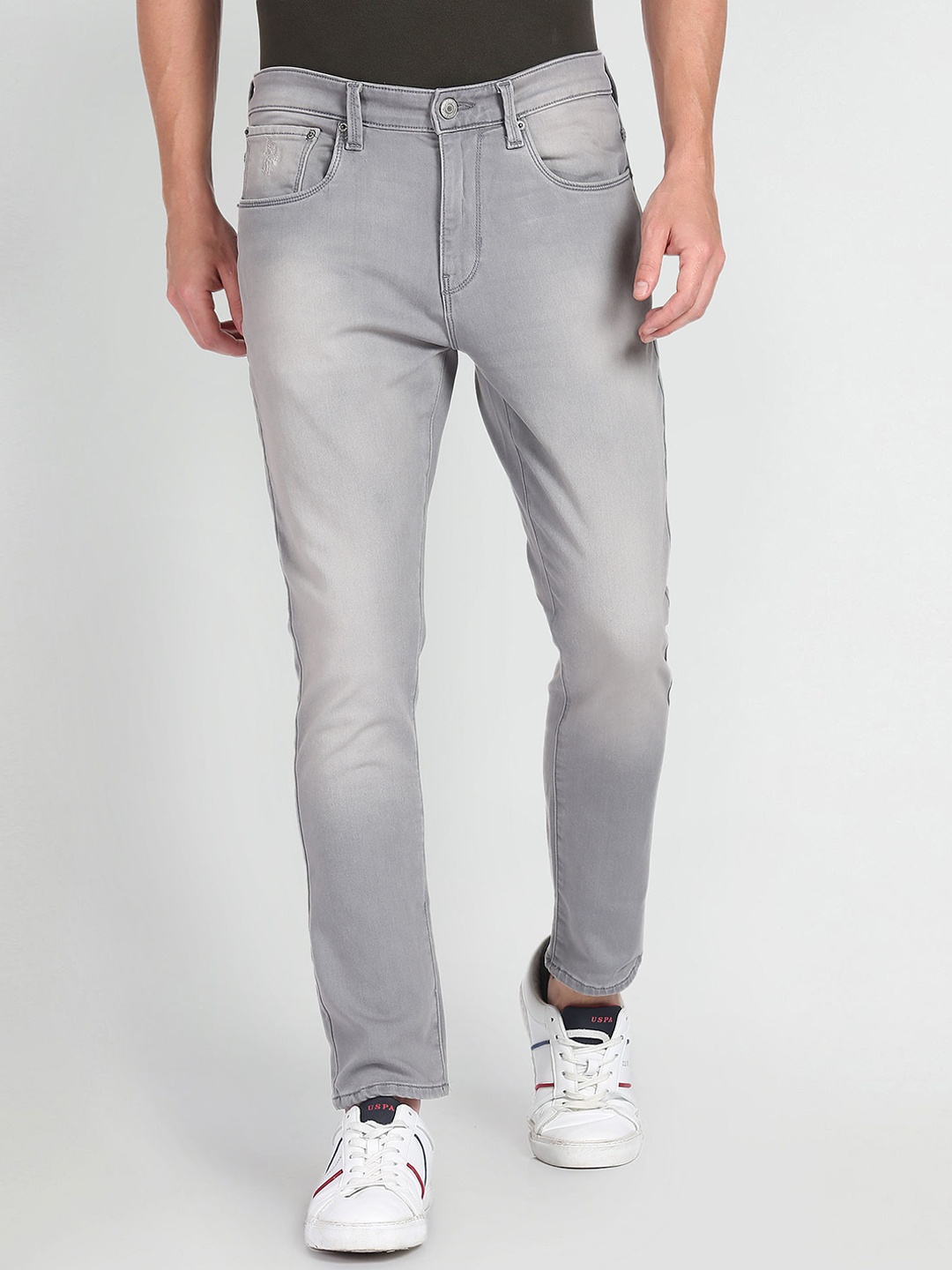 

U.S. Polo Assn. Denim Co. Men Tapered Fit Mid-Rise Heavy Fade Stretchable Jeans, Grey