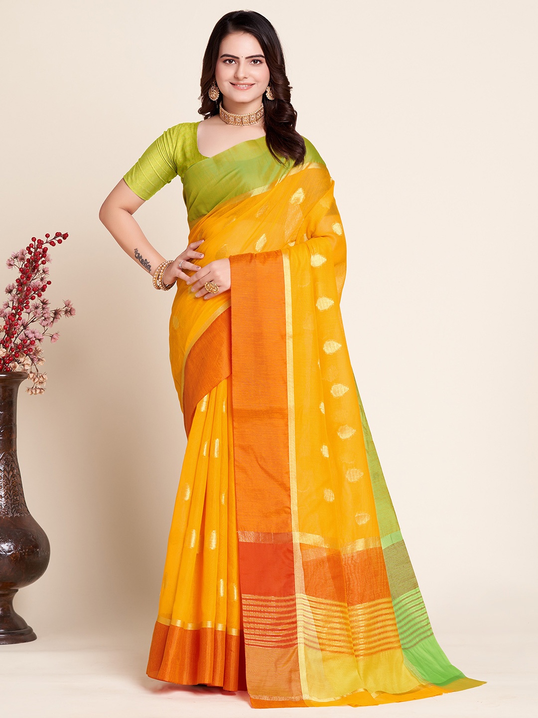 

Anjaneya Sarees Woven Design Zari Silk Blend Banarasi Saree, Yellow