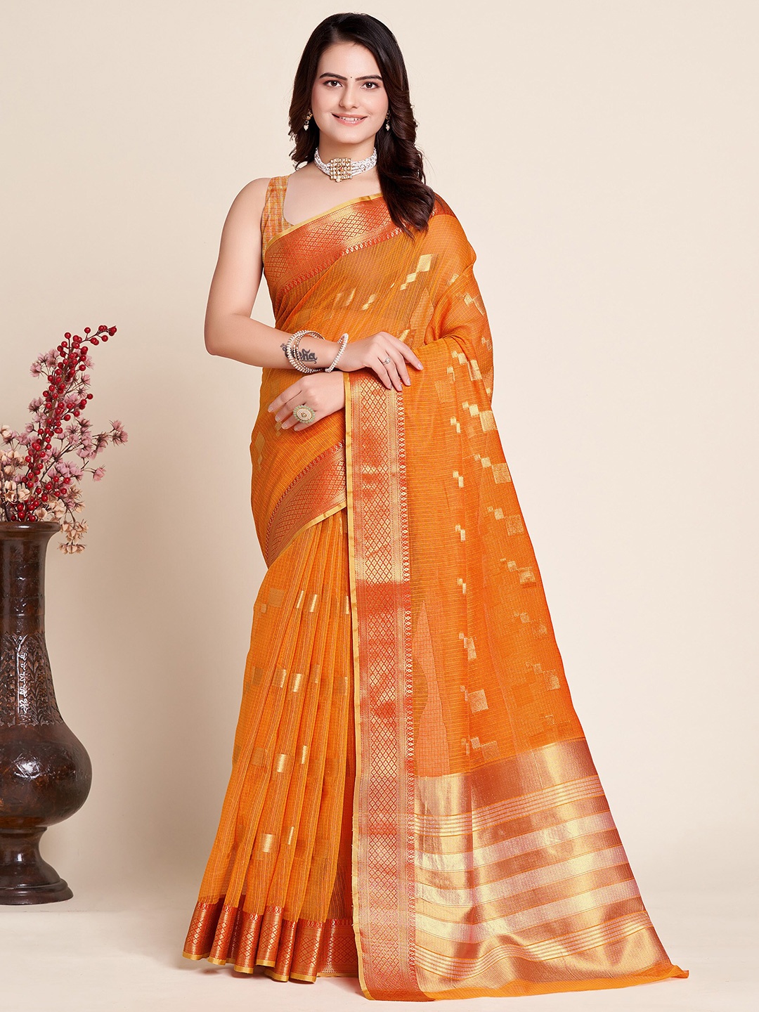 

Anjaneya Sarees Geometric Woven Design Zari Silk Cotton Saree, Yellow