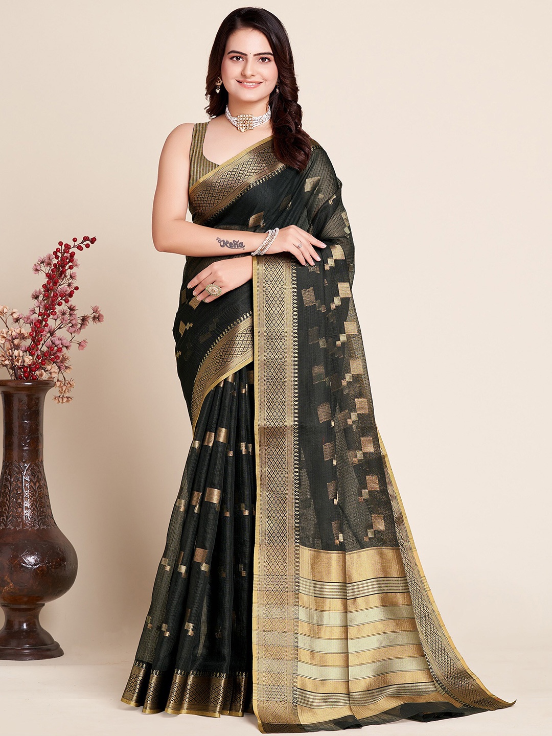 

Anjaneya Sarees Geometric Woven Design Zari Silk Cotton Saree, Black