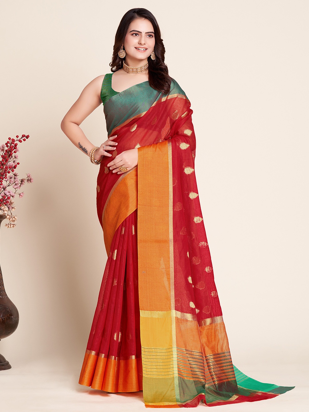 

Anjaneya Sarees Geometric Woven Design Zari Silk Cotton Saree, Red