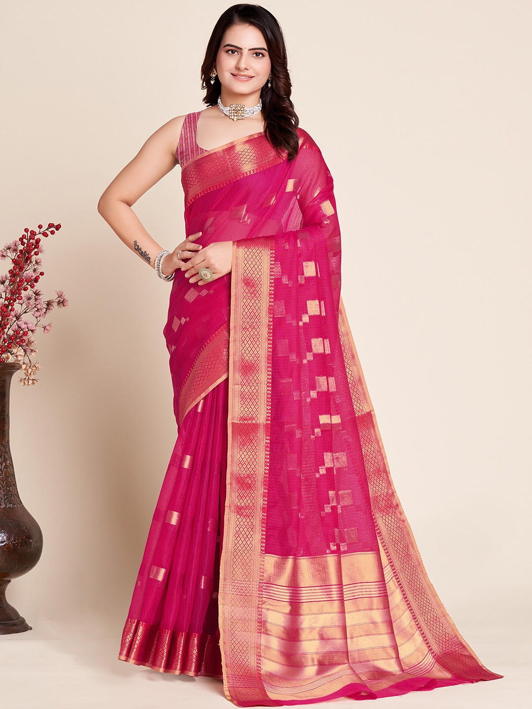 

Anjaneya Sarees Geometric Woven Design Zari Silk Cotton Saree, Pink