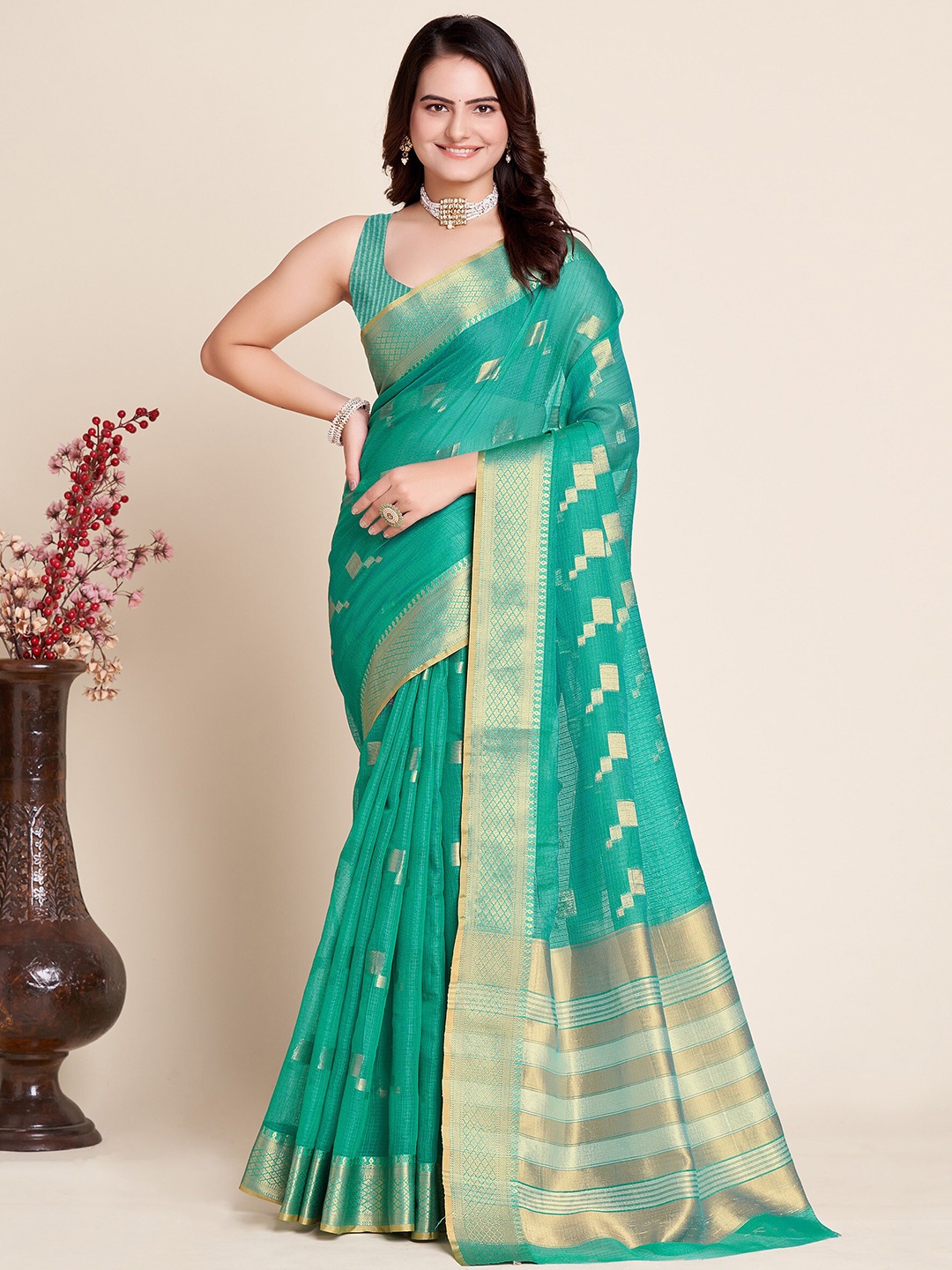 

Anjaneya Sarees Geometric Woven Design Zari Silk Cotton Saree, Turquoise blue