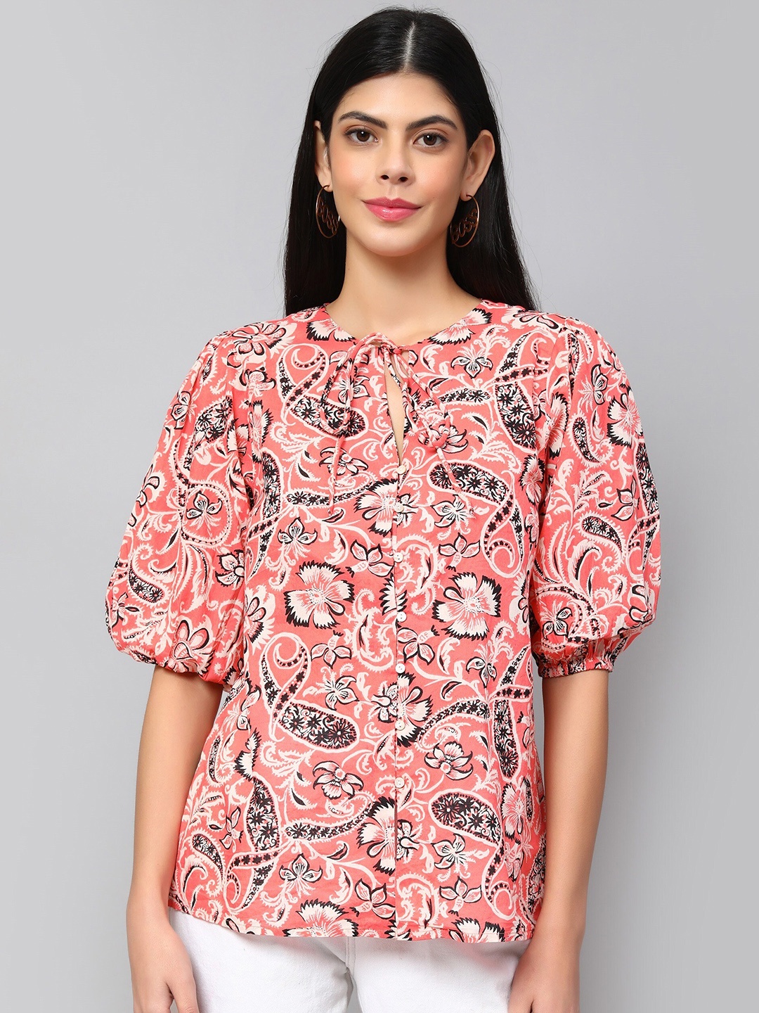 

Amagyaa Floral Printed Puffed Sleeves Tie Up Neck Pure Cotton Top, Peach