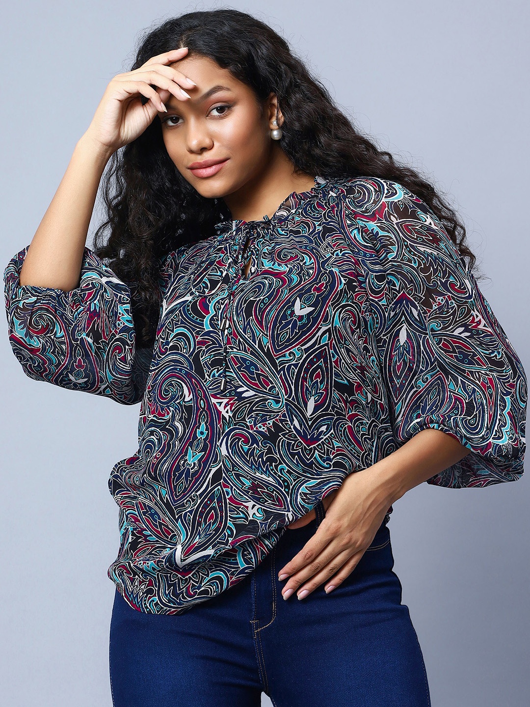 

Amagyaa Floral Printed Tie-Up Neck Puffed Sleeves Georgette Top, Blue