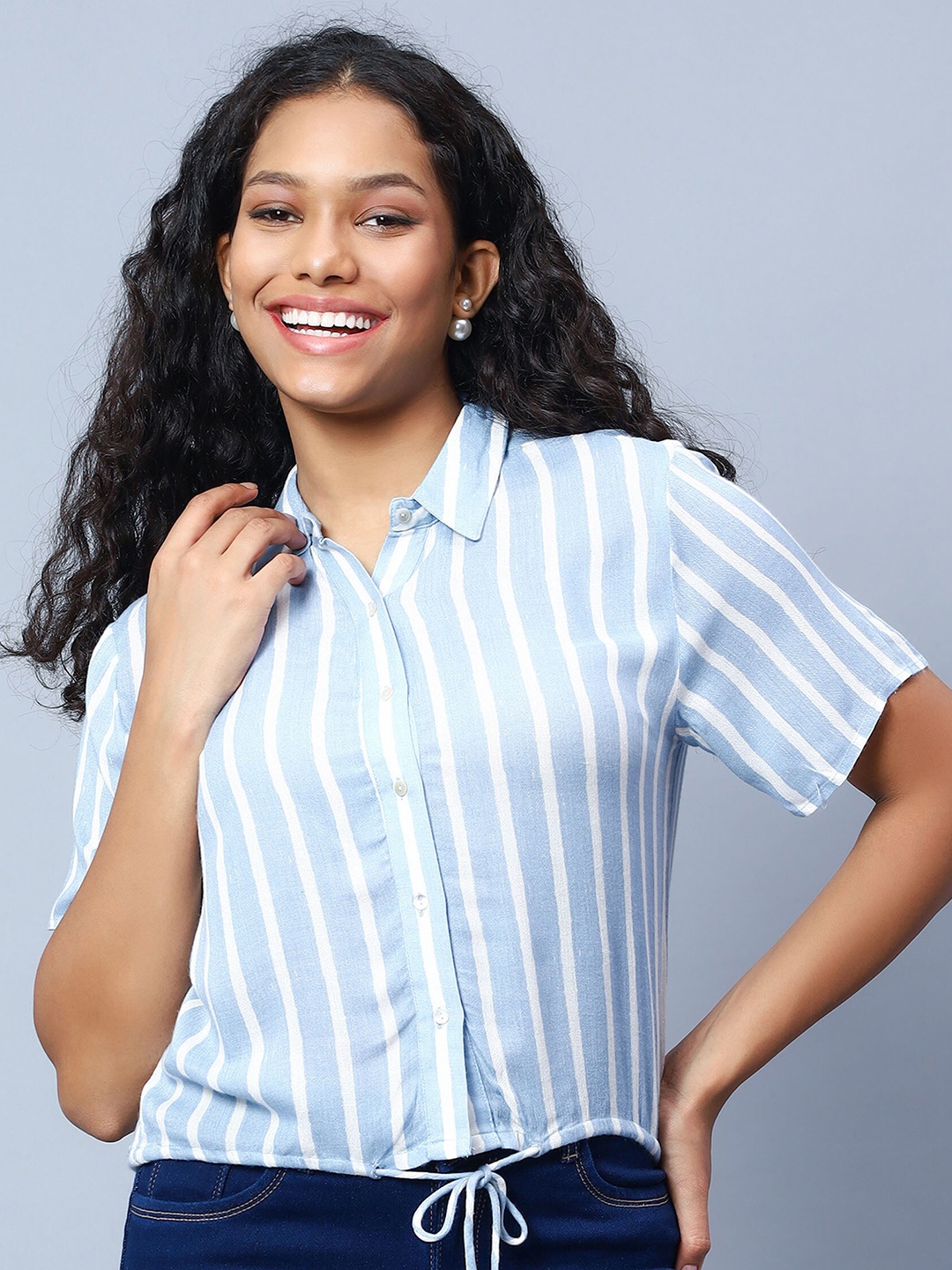 

Amagyaa Striped Waist Tie Ups Pure Cotton Shirt Style Top, Blue