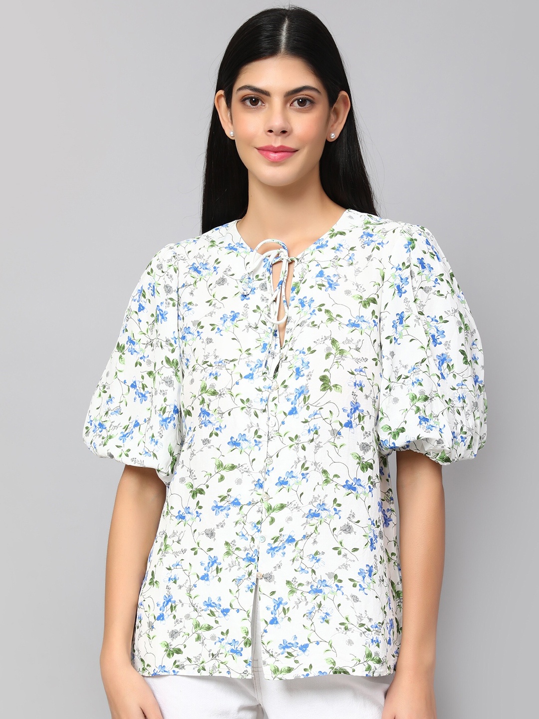 

Amagyaa Floral Printed Puffed Sleeves Tie Up Neck Pure Cotton Top, White