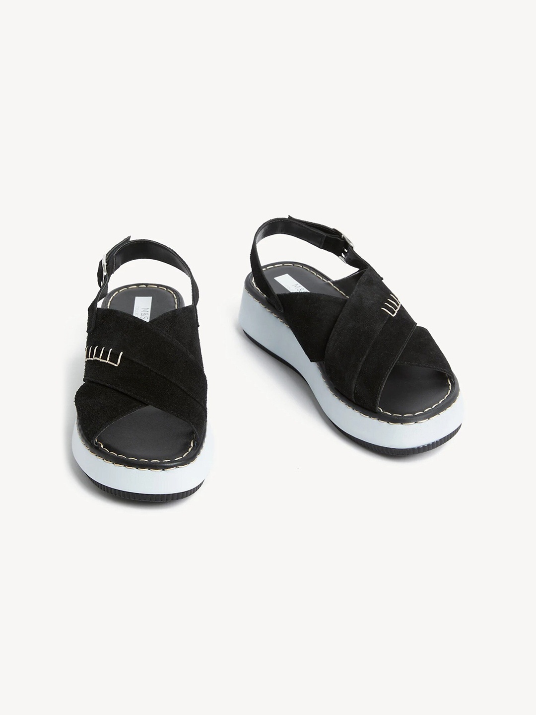 

Marks & Spencer Women Striped Open Toe Flats with Buckles, Black