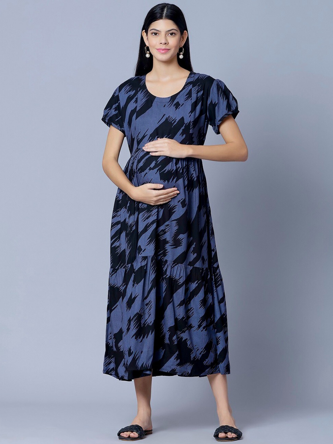 

NIGHTSPREE Floral Printed Maternity Cotton Fit & Flare Midi Dress, Blue