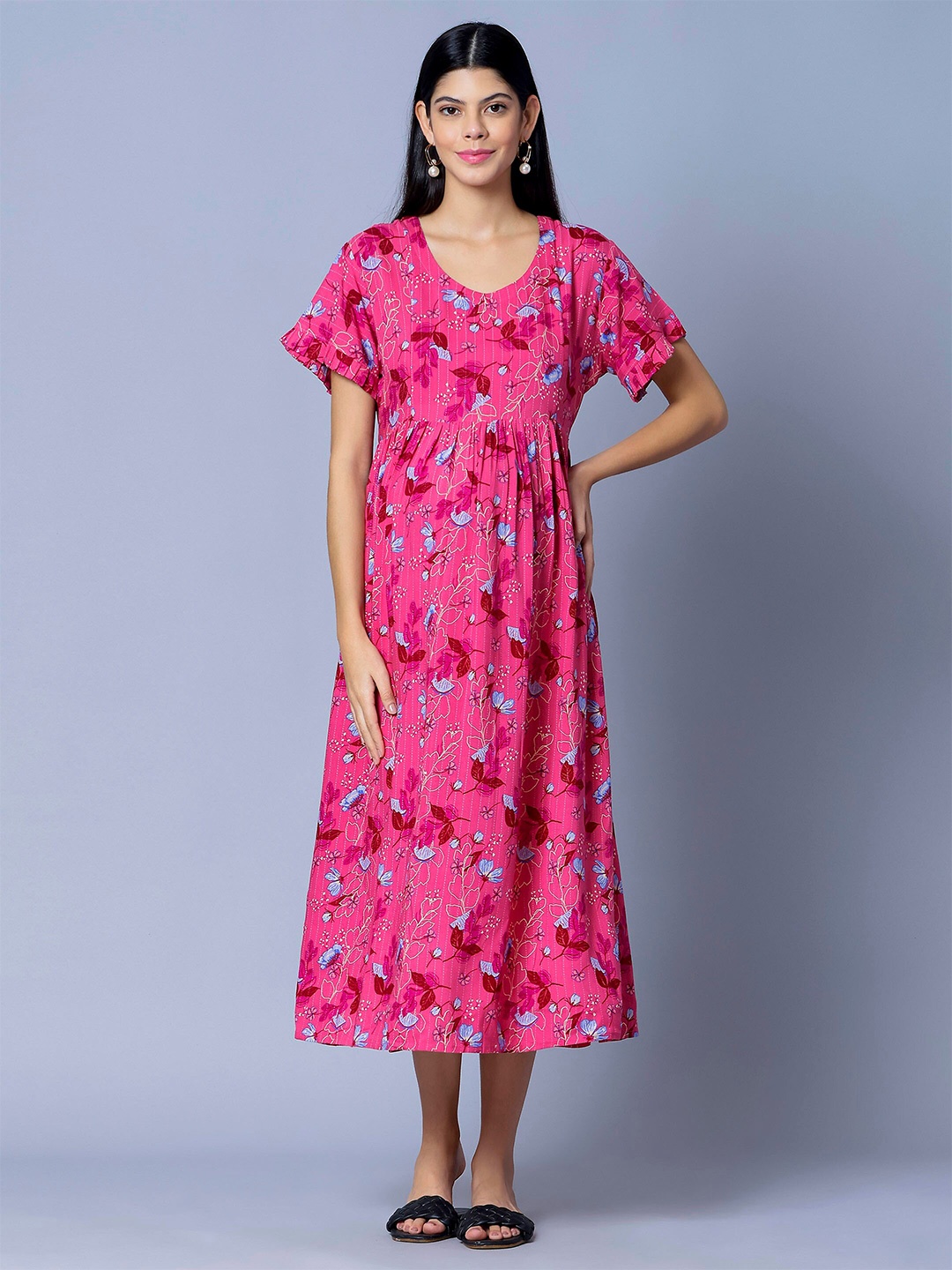 

NIGHTSPREE Floral Printed Pleated Maternity Fit & Flare Midi Dress, Pink