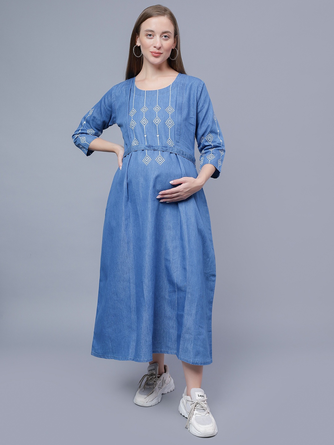 

NIGHTSPREE Geometric Printed Tie-Ups Cotton Maternity Fit & Flare Midi Dress, Blue