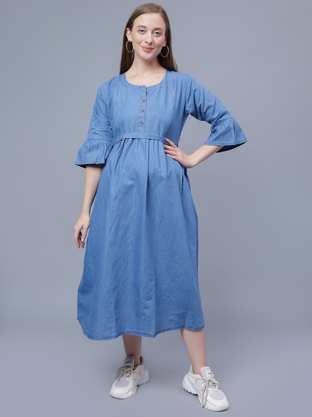 

NIGHTSPREE Bell Sleeve Tie-Ups Cotton Maternity A-Line Midi Dress, Blue