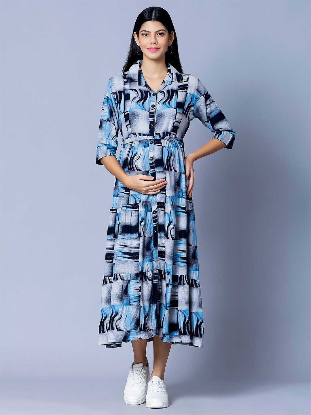 

NIGHTSPREE Abstract Printed Maternity Shirt Midi Dress, Blue