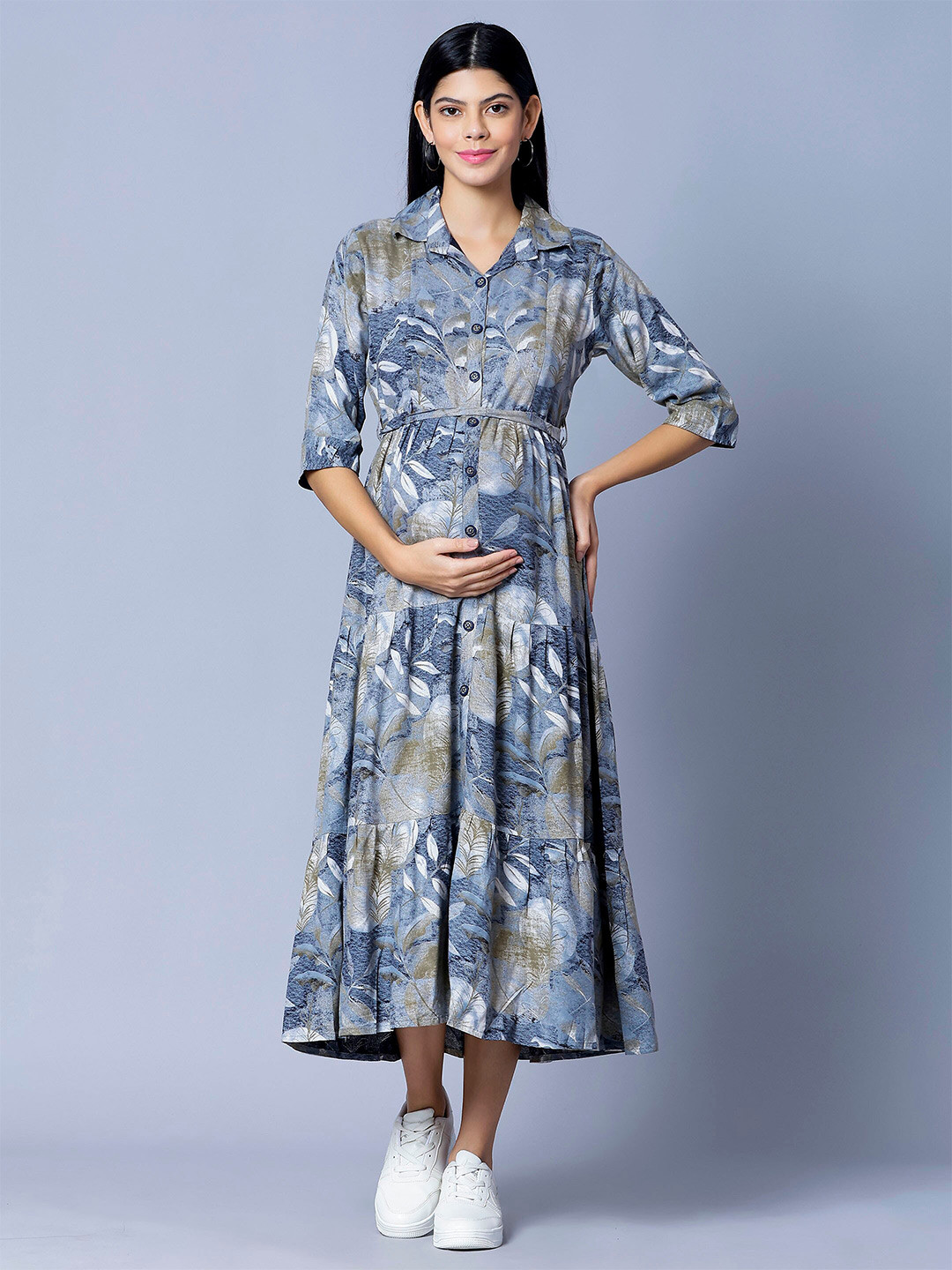 

NIGHTSPREE Floral Print Shirt Collar Maternity Fit & Flare Cotton Midi Dress, Blue