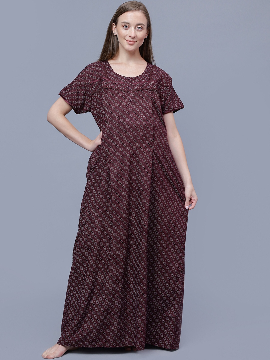 

NIGHTSPREE Geometric Printed Maternity Maxi Nightdress, Maroon