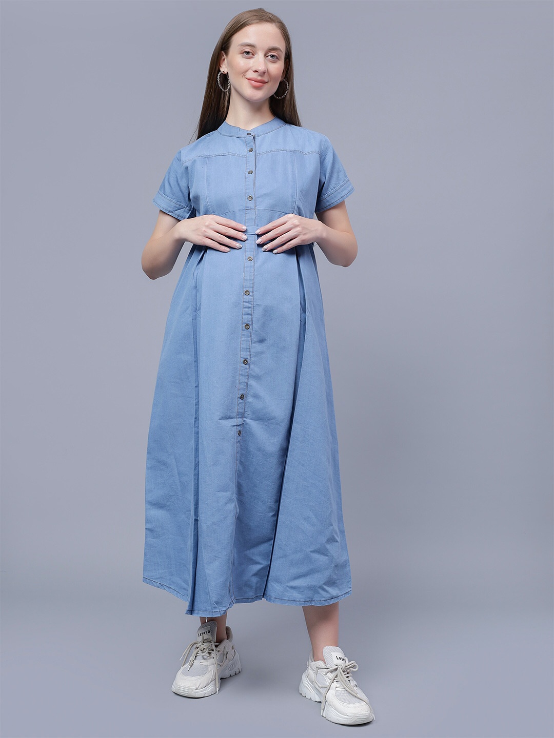 

NIGHTSPREE Mandarin Collar Tie-Ups Cotton Maternity A-Line Midi Dress, Blue