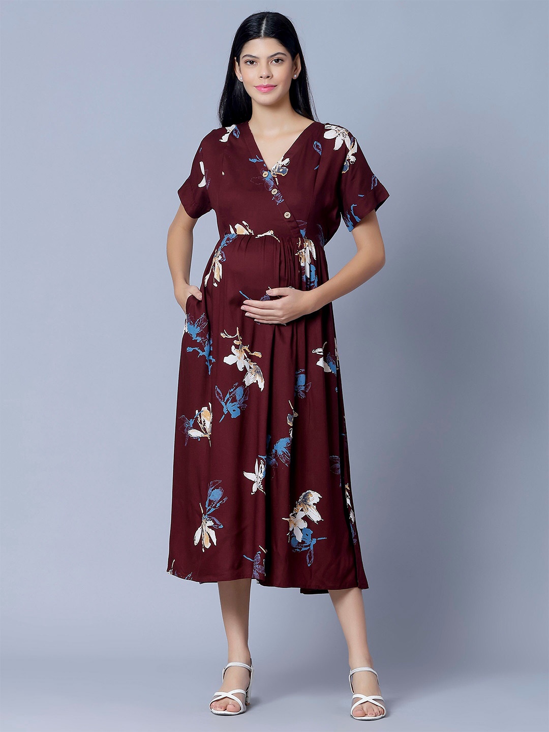 

NIGHTSPREE Floral Printed V-Neck Tie-Ups Maternity Fit & Flare Midi Dress, Maroon