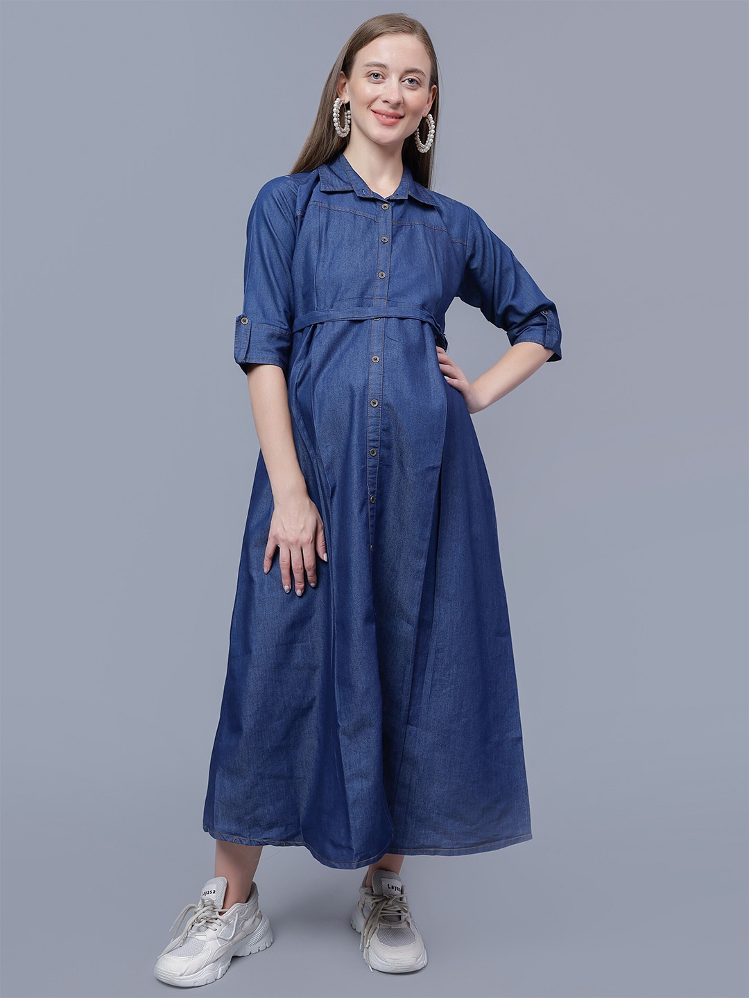 

NIGHTSPREE Shirt Collar Roll-Up Sleeves Maternity Shirt Maxi Cotton Dress, Blue