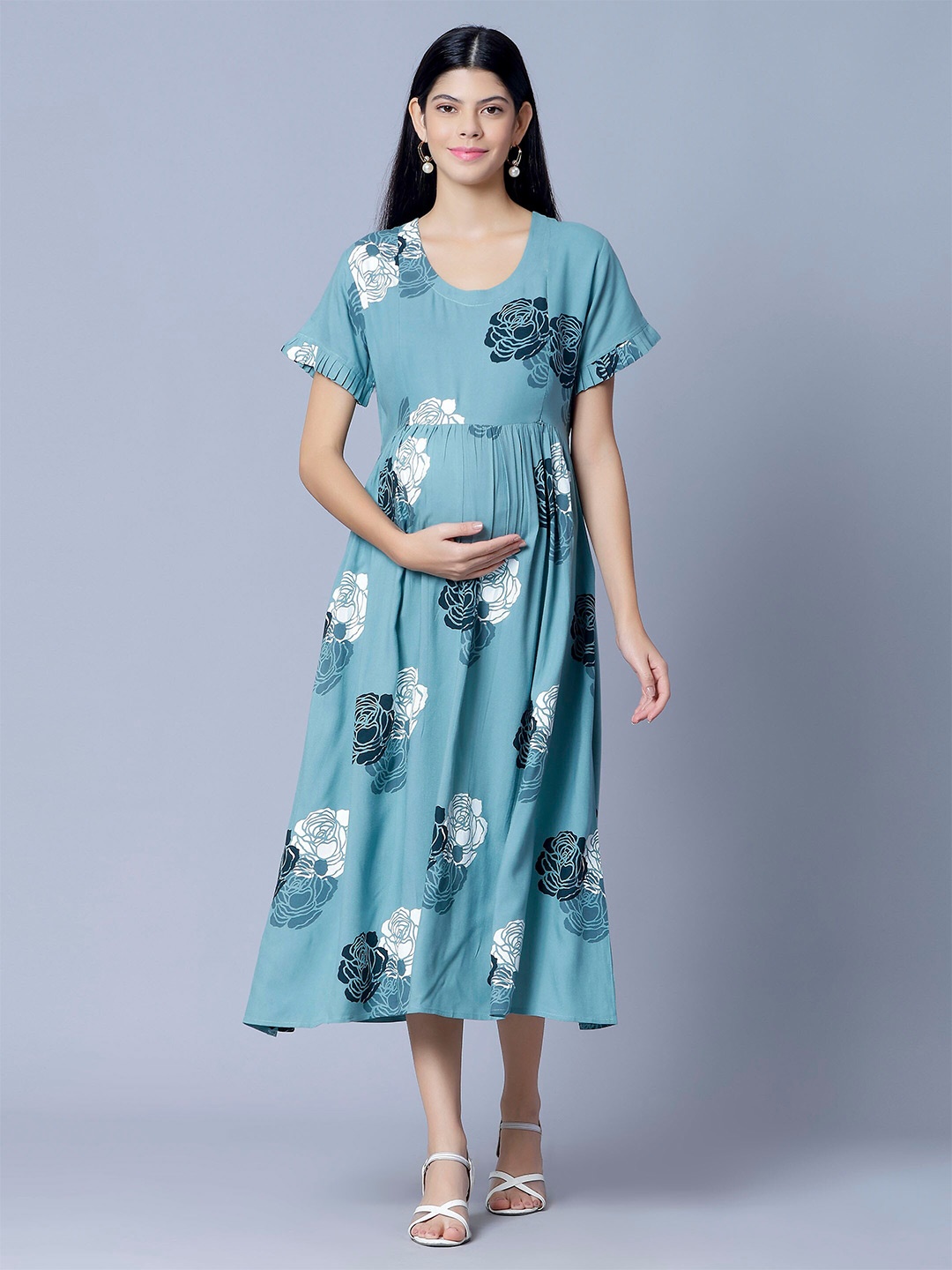 

NIGHTSPREE Floral Printed Maternity Fit & Flare Midi Dress, Sea green