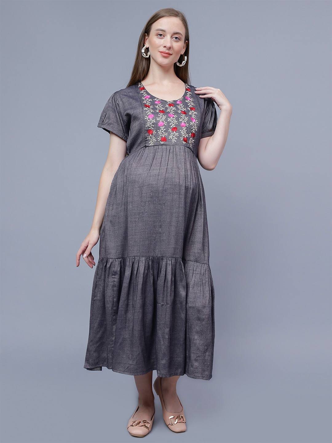 

NIGHTSPREE Floral Printed Maternity Cotton Midi Dress, Grey