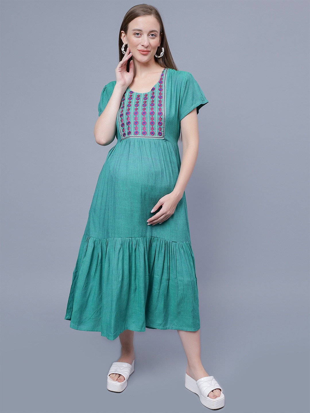 

NIGHTSPREE Checked Maternity Fit & Flare Cotton Midi Dress, Turquoise blue