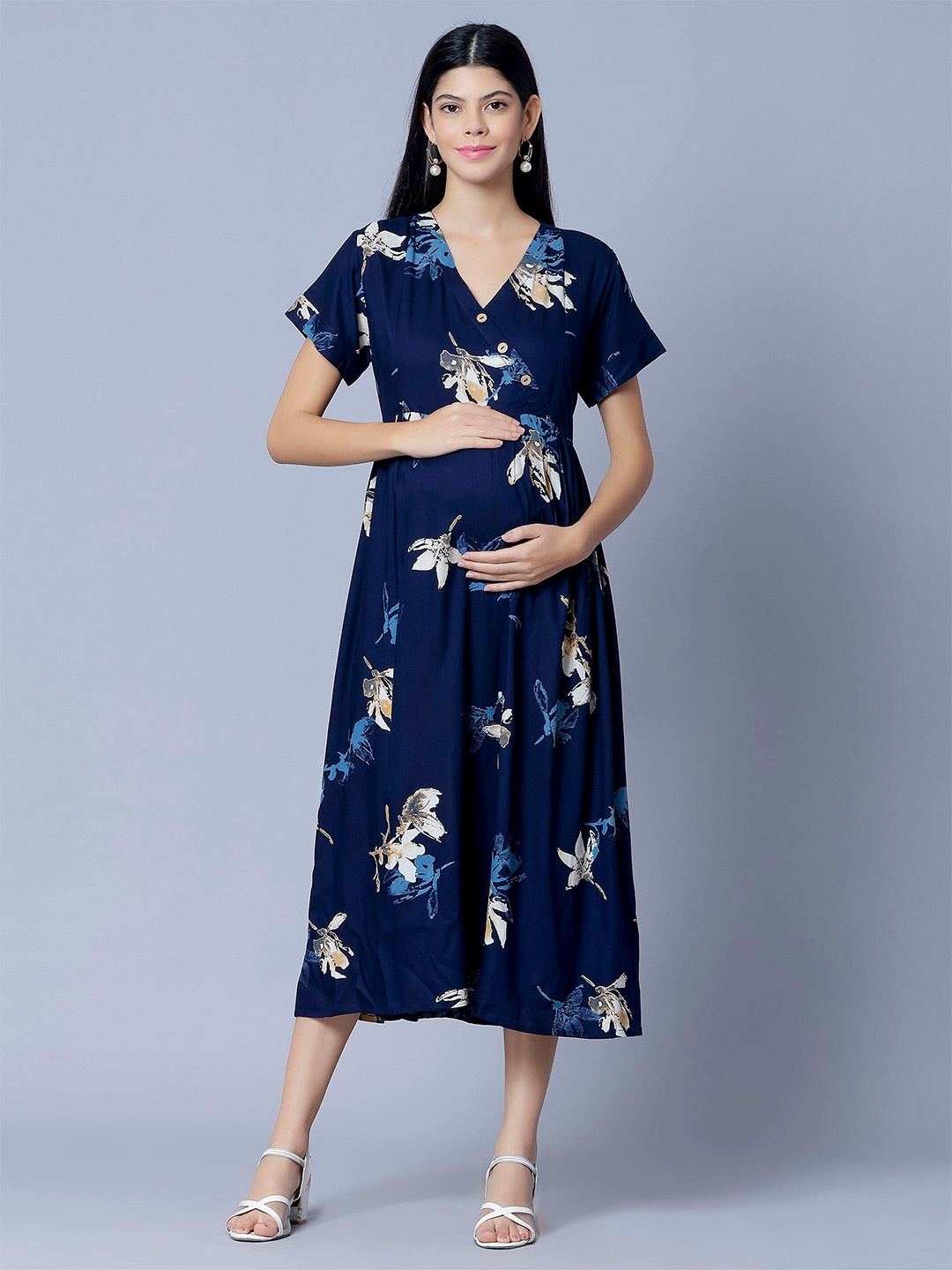 

NIGHTSPREE Floral Printed V-Neck Tie-Ups Maternity Fit & Flare Midi Dress, Blue