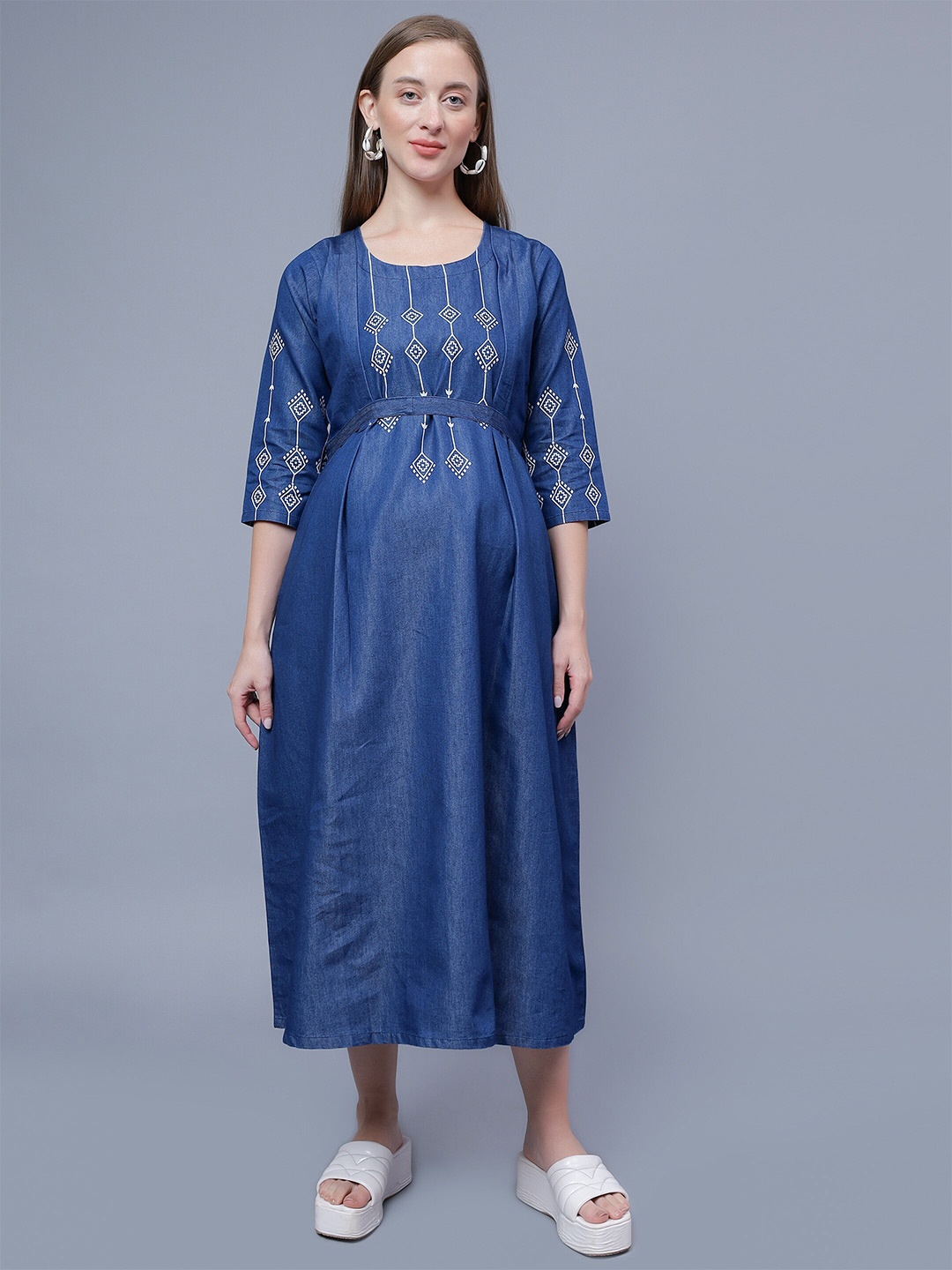 

NIGHTSPREE Ethnic Motifs Print Denim Maternity Fit & flare Midi Cotton Dress, Blue