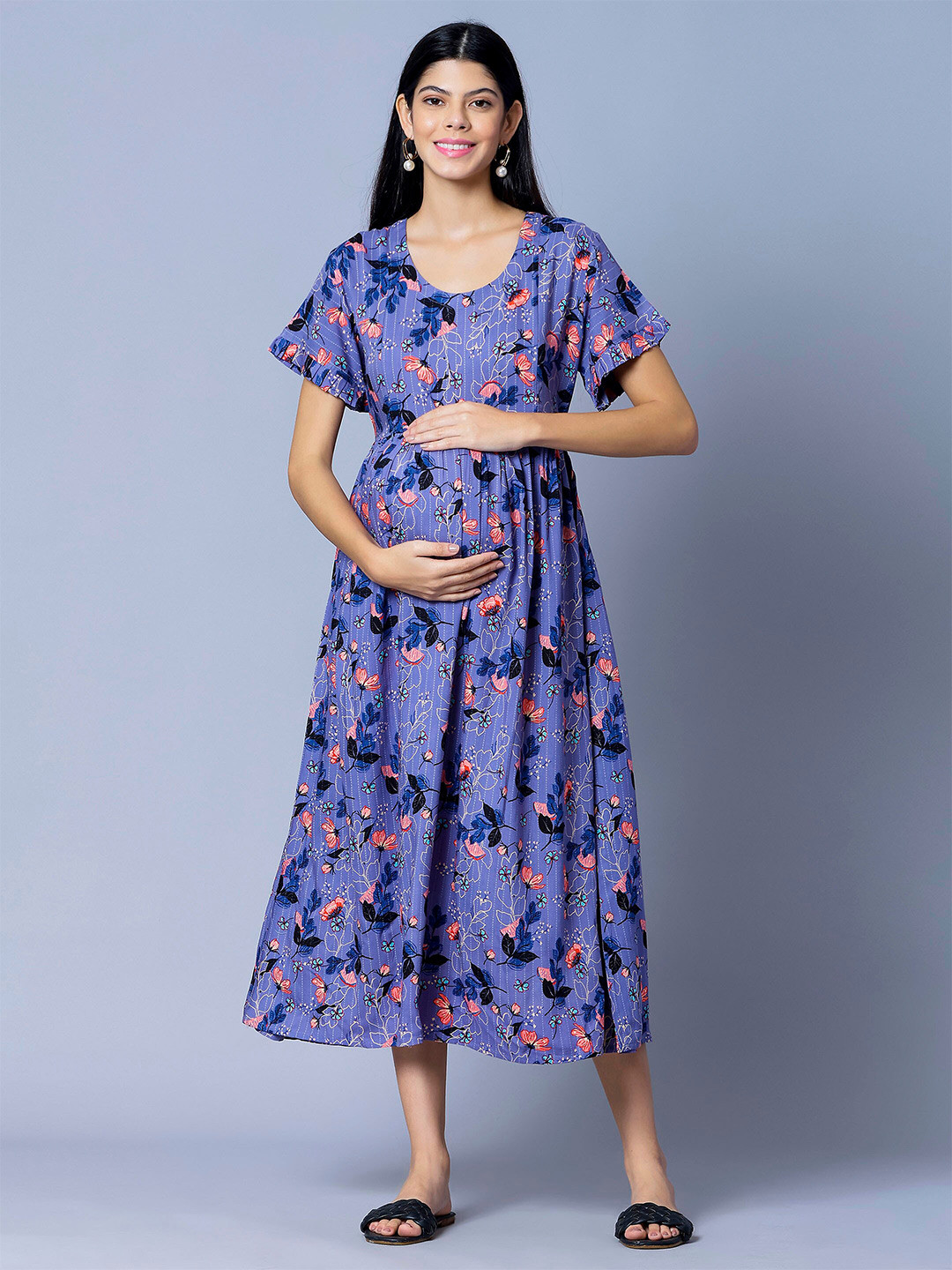 

NIGHTSPREE Floral Printed Maternity Fit & Flare Midi Dress, Blue