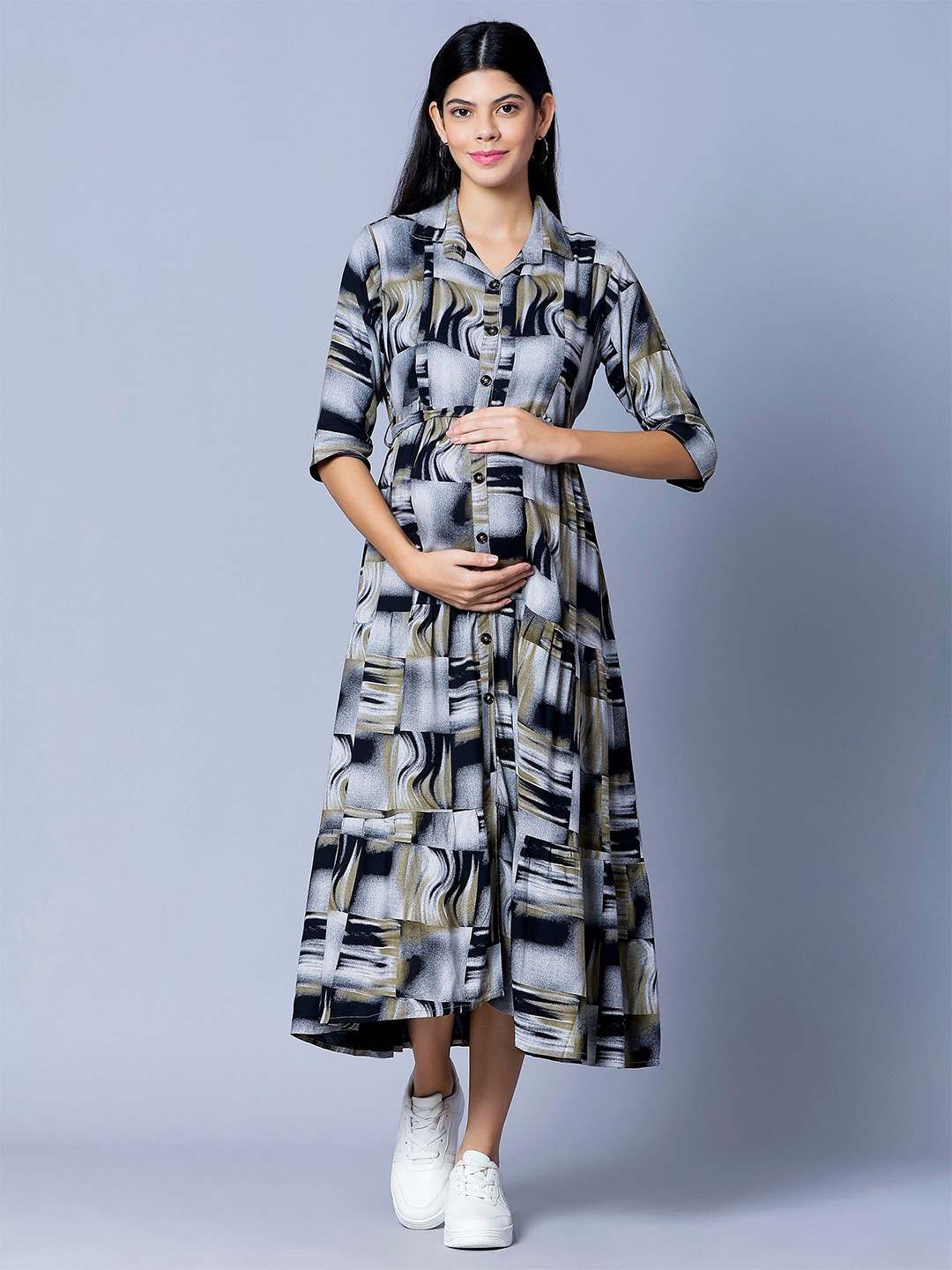 

NIGHTSPREE Abstract Printed Maternity Shirt Midi Dress, Black