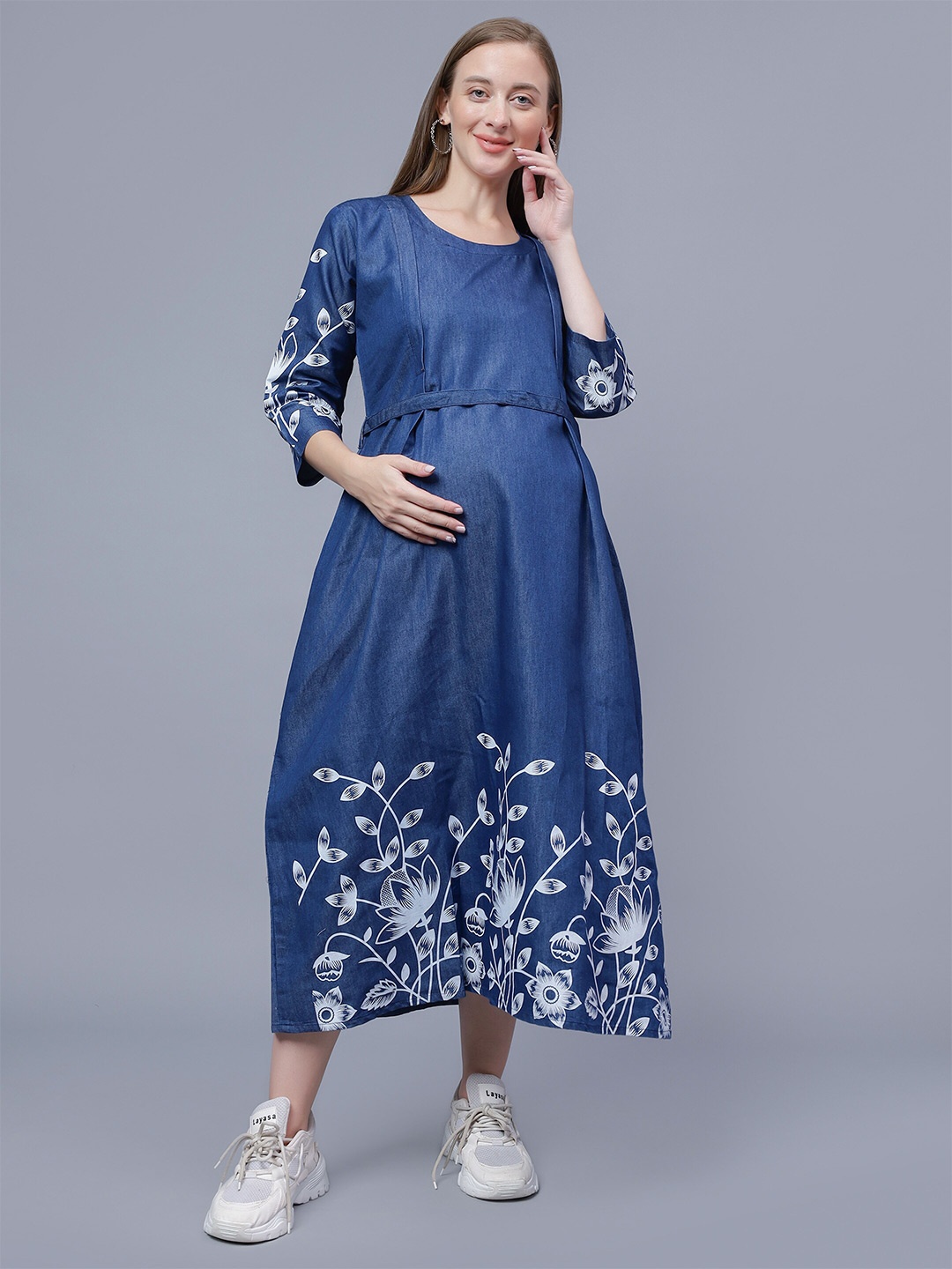 

NIGHTSPREE Floral Printed Tie-Ups Cotton Maternity A-Line Midi Dress, Blue