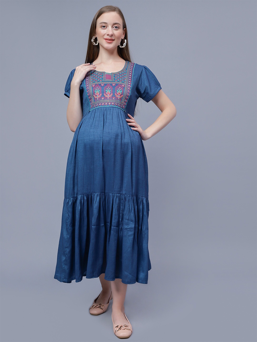 

NIGHTSPREE Ethnic Motifs Printed Maternity Cotton Midi Dress, Blue