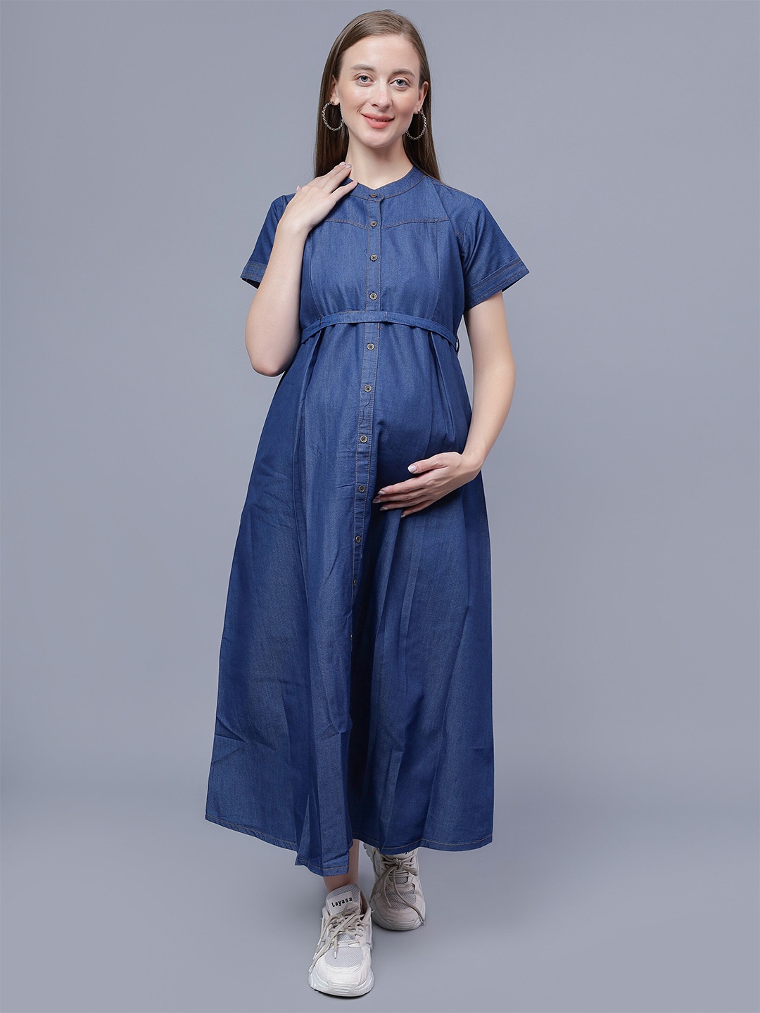 

NIGHTSPREE Band Collar Maternity Fit& flare Midi Cotton Dress, Blue