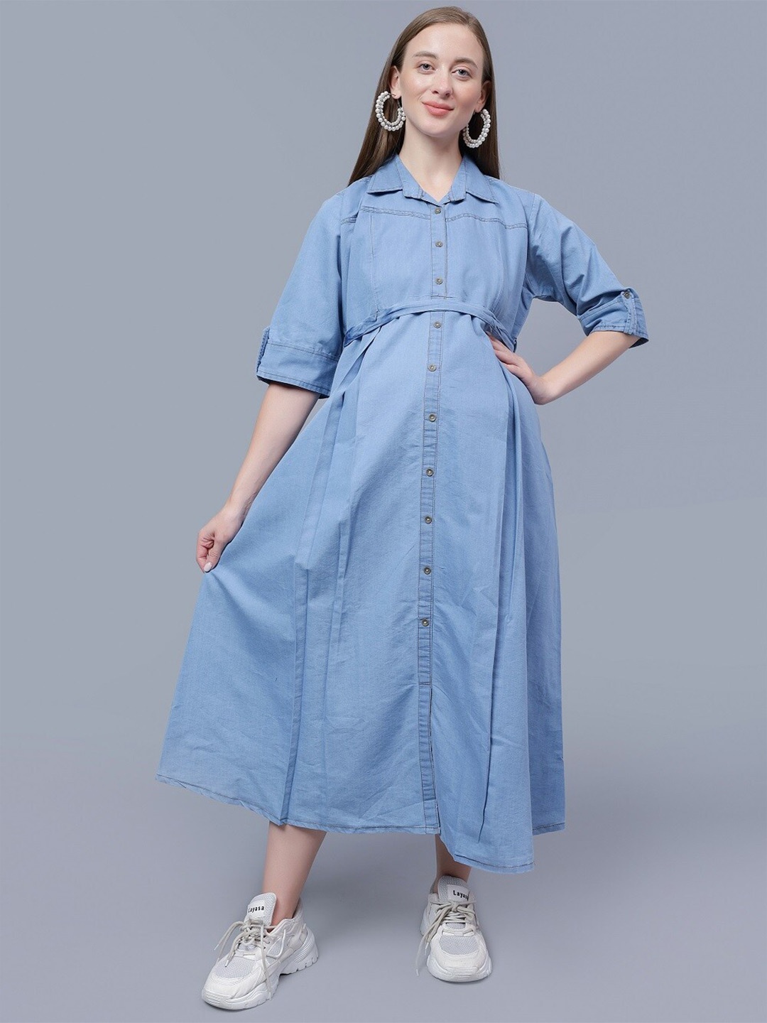 

NIGHTSPREE Shirt Collar Shirt Collar Maternity Shirt Midi Cotton Dress, Blue