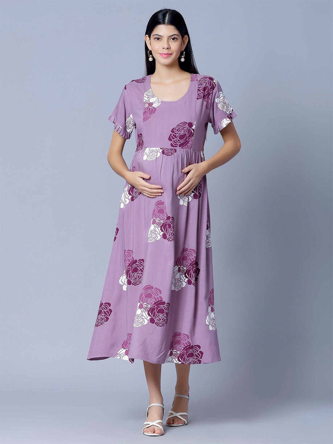 

NIGHTSPREE Floral Printed Maternity Fit & Flare Midi Dress, Purple