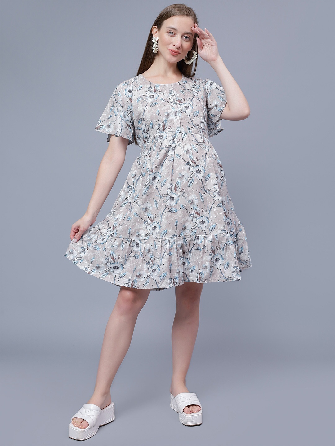 

NIGHTSPREE Floral Printed Flared Sleeve Flounce Hem Cotton Maternity Fit & Flare Dress, Brown