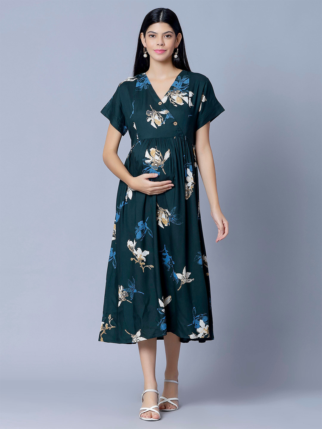 

NIGHTSPREE Floral Print V-Neck Maternity Fit & Flare Pleated Midi Cotton Dress, Green