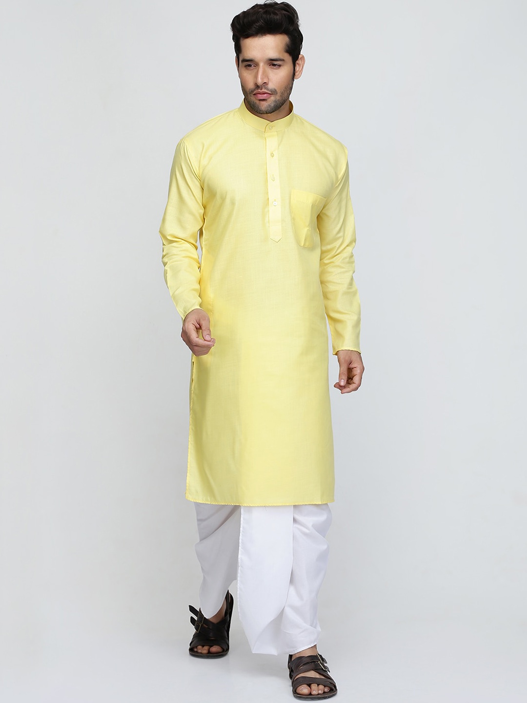 

ROYAL KURTA Mandarin Collar Pure Cotton Kurta with Dhoti Pants, Yellow