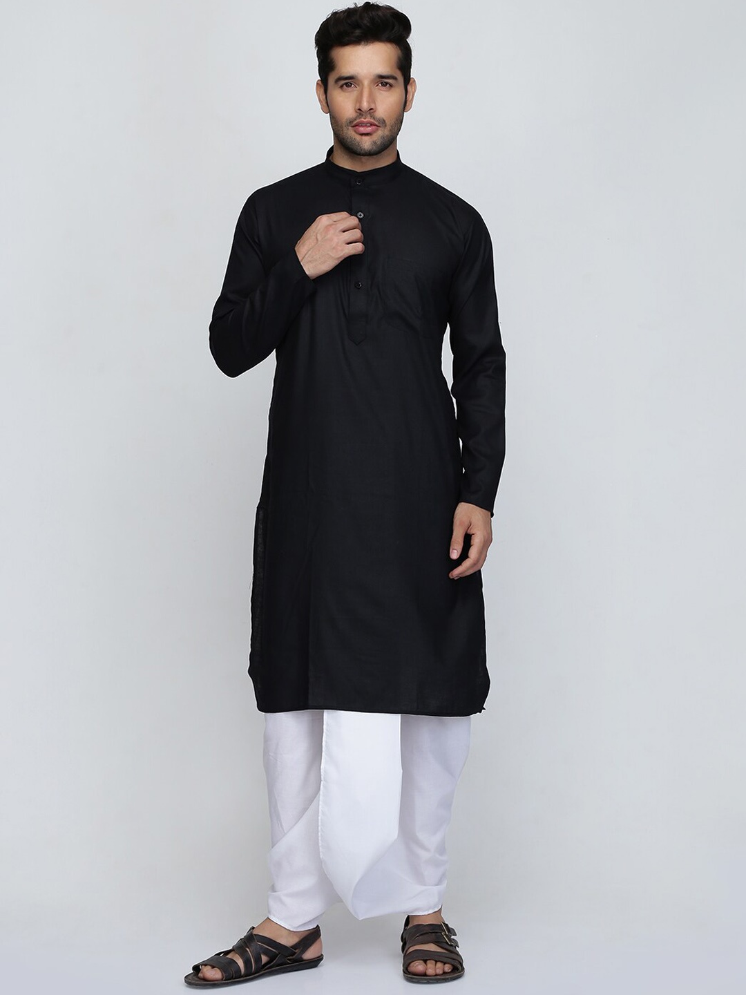 

ROYAL KURTA Mandarin Collar Cotton Kurta, Black