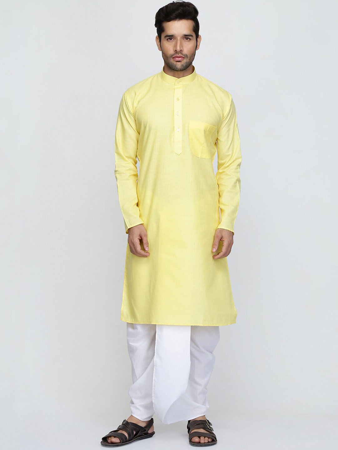 

ROYAL KURTA Mandarin Collar Summer Sheers Kurta, Yellow