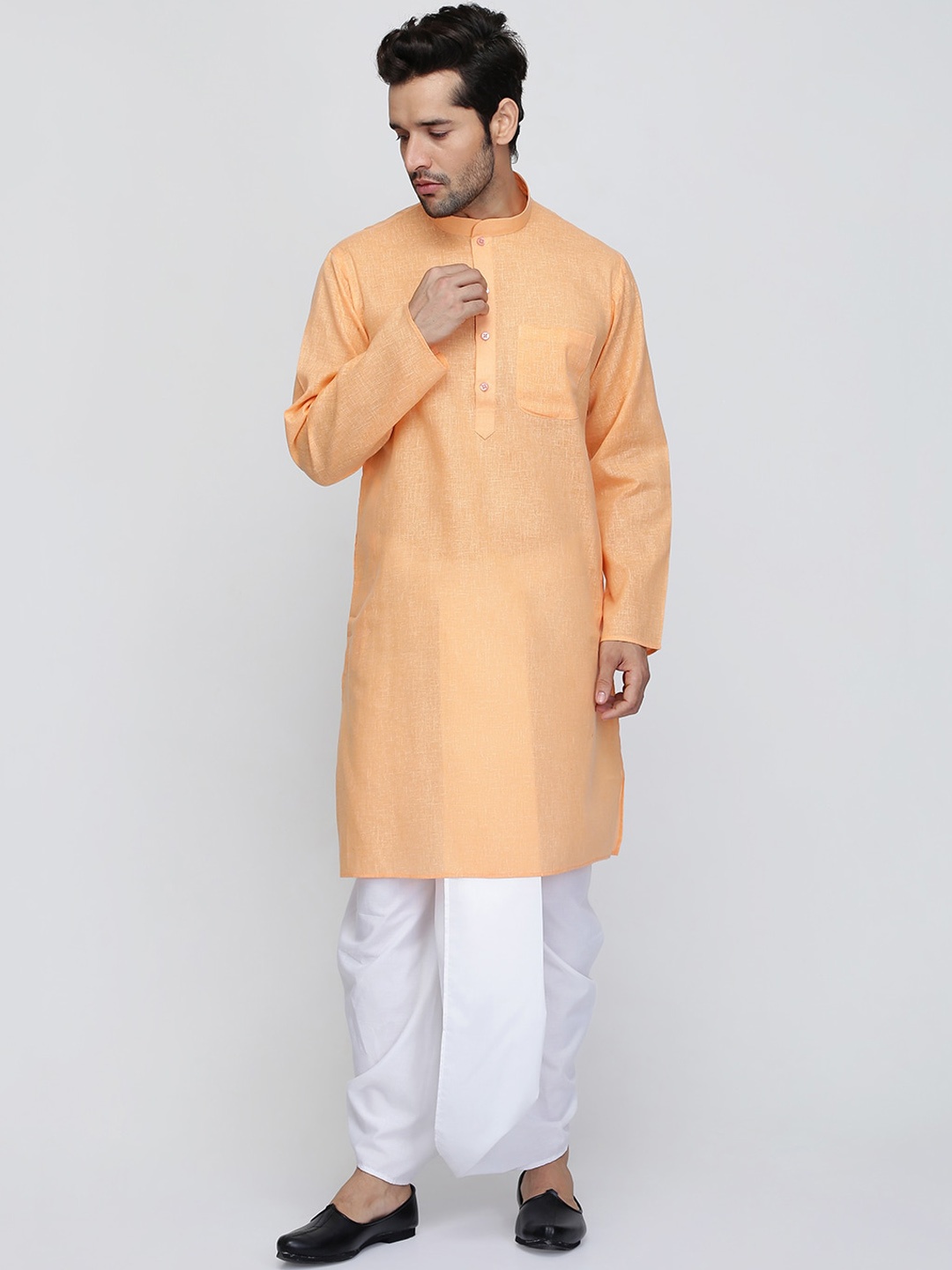 

ROYAL KURTA Mandarin Collar Pure Cotton Straight Kurta With Dhoti Pants, Orange