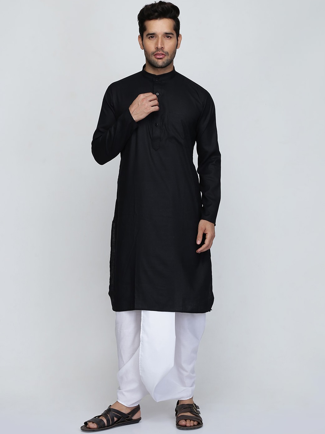

ROYAL KURTA Mandarin Collar Pure Cotton Straight Kurta With Dhoti Pants, Black