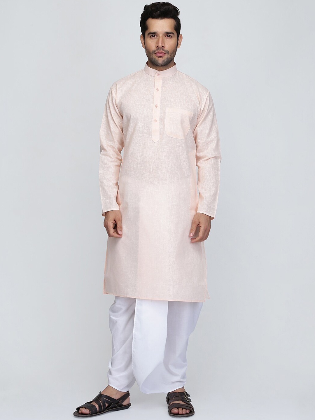 

ROYAL KURTA Mandarin Collar Pure Cotton Kurta with Dhoti Pants, Peach