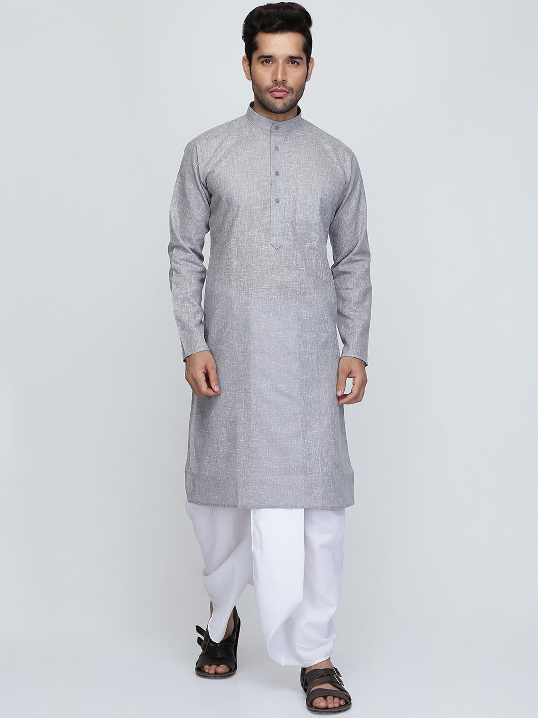 

ROYAL KURTA Band Collar Pure Cotton Straight Kurta With Dhoti Pants, Grey