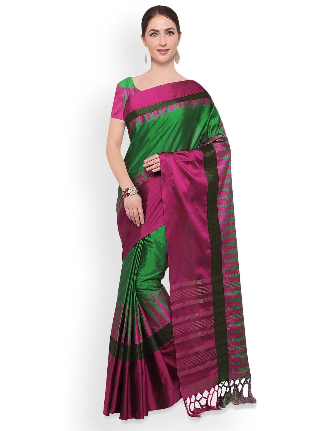 

Saree mall Green & Magenta Silk Cotton Printed Banarasi Saree