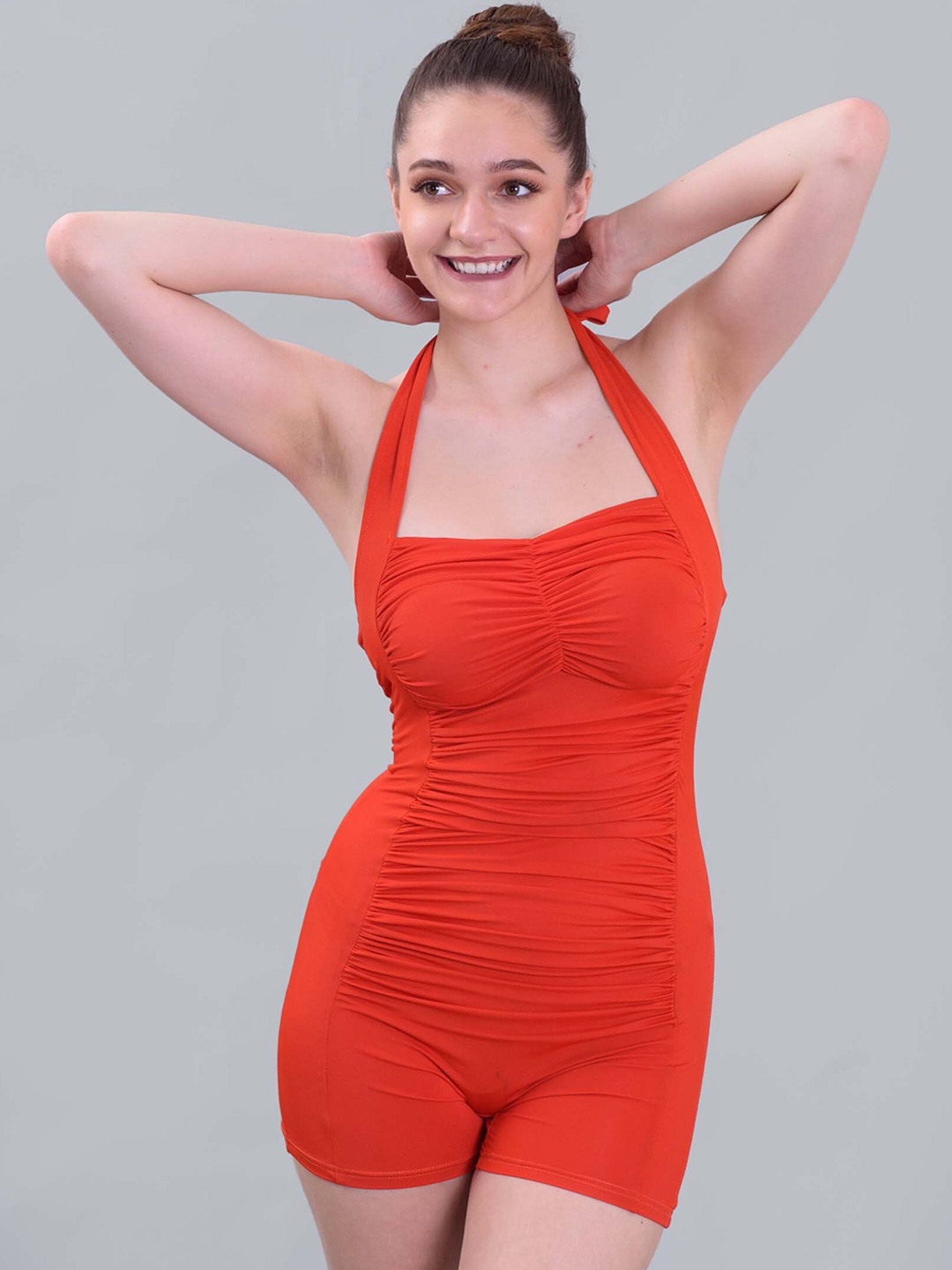 

Keepfit Halter Neck Padded Ruched Sleeveless One Piece Legsuit, Orange