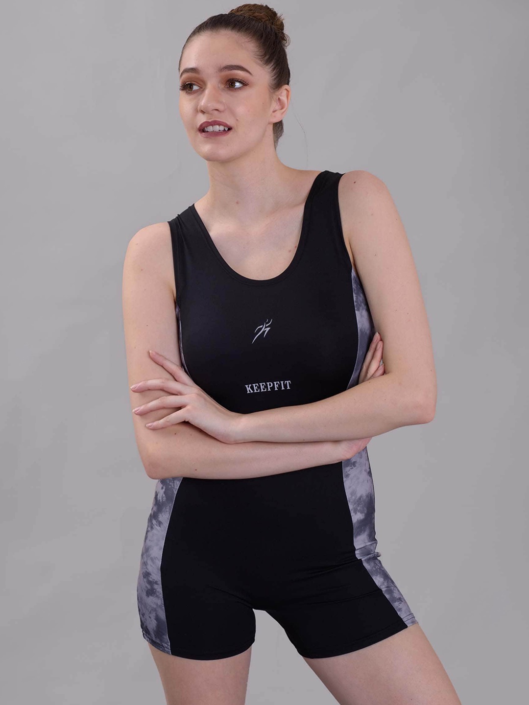 

Keepfit Abstract Printed Sleeveless Legsuit, Black