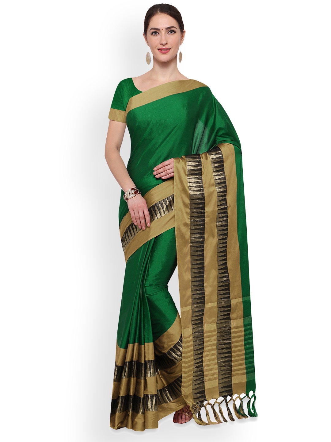 

Saree mall Green & Gold-Toned Silk Cotton Printed Banarasi Saree