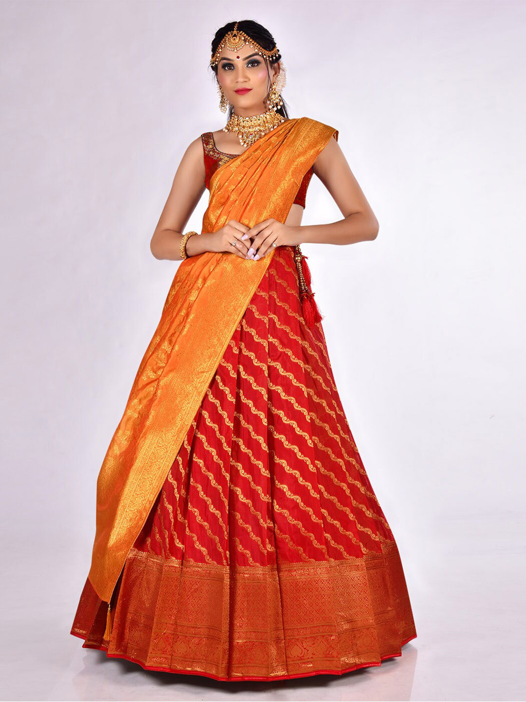 

HALFSAREE STUDIO Ethnic Motifs Woven Design Semi-Stitched Lehenga & Blouse With Dupatta, Red