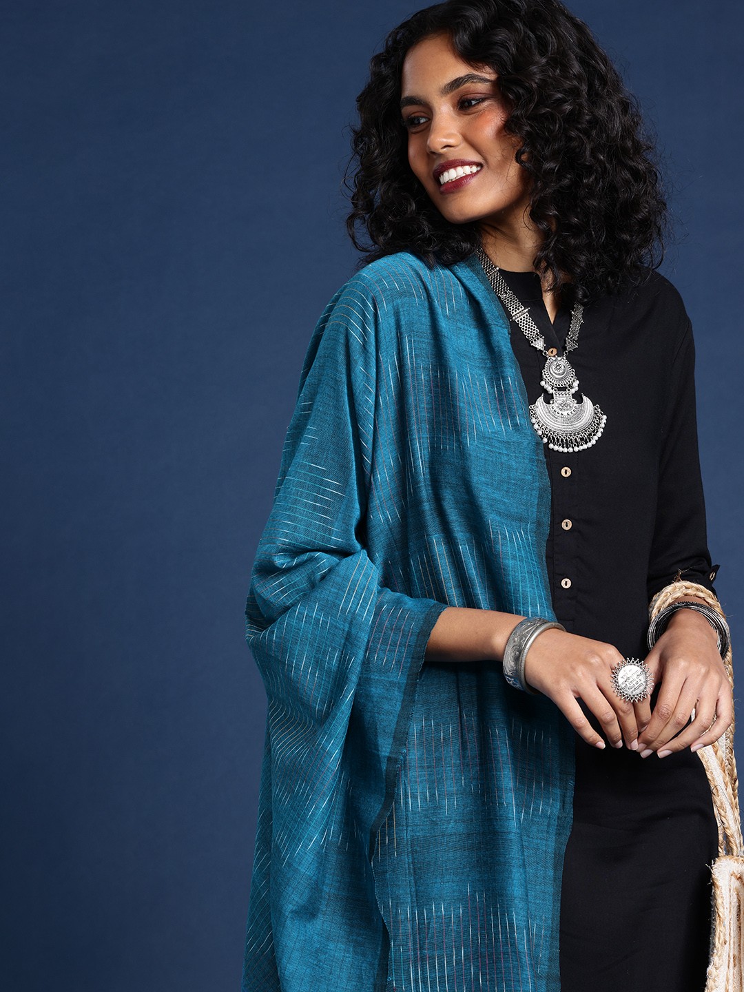

Taavi Striped Pure Cotton Dupatta, Turquoise blue